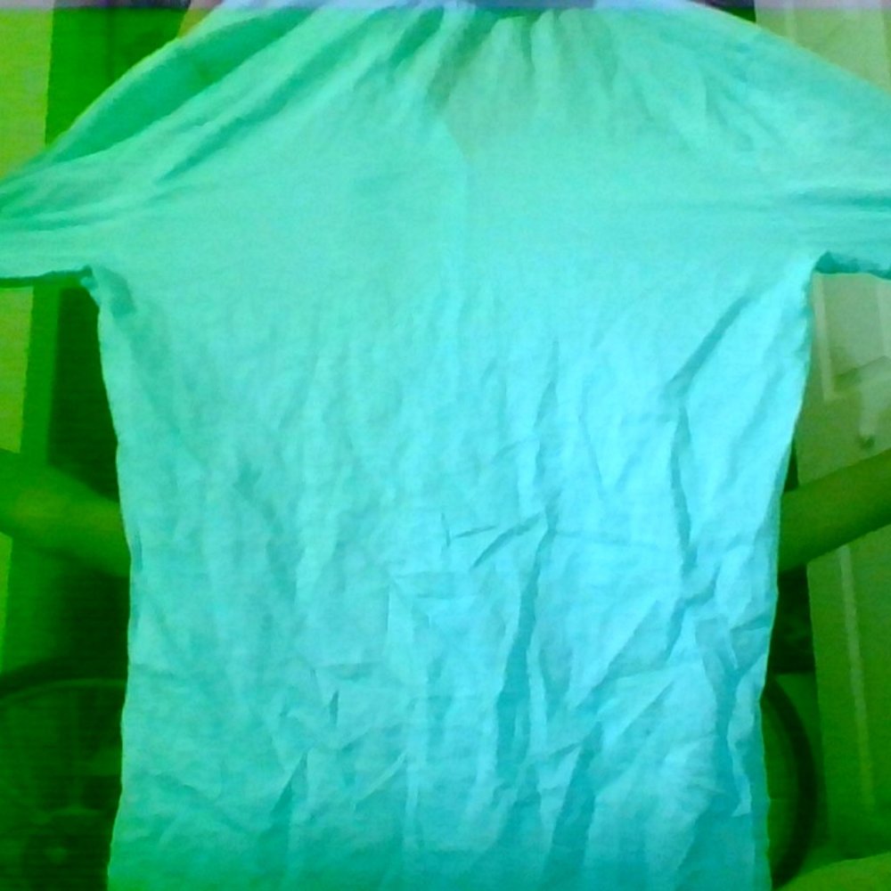 A thin bright blue blouse. Long sleeved.